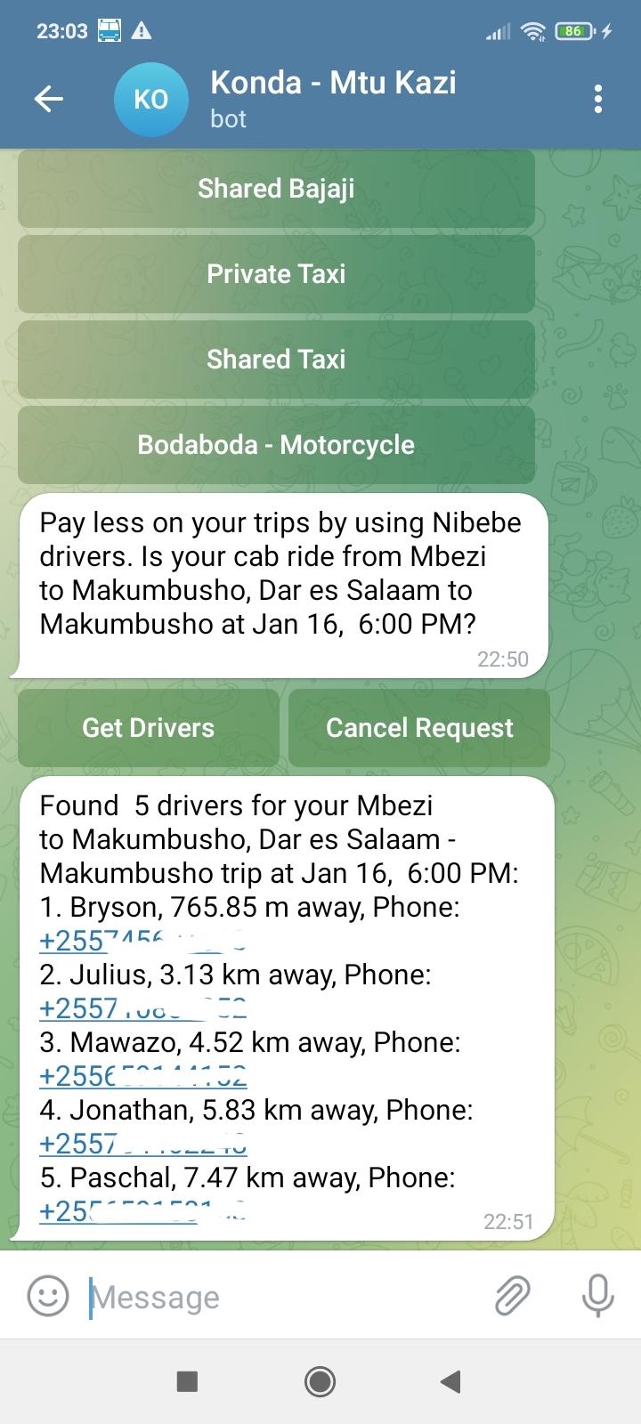 Contacts of nearby drivers